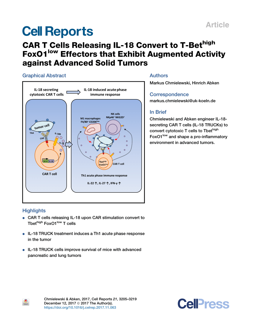 Pdf Car T Cells Releasing Il 18 Convert To T Bet High Foxo1 Low Effectors That Exhibit Augmented Activity Against Advanced Solid Tumors
