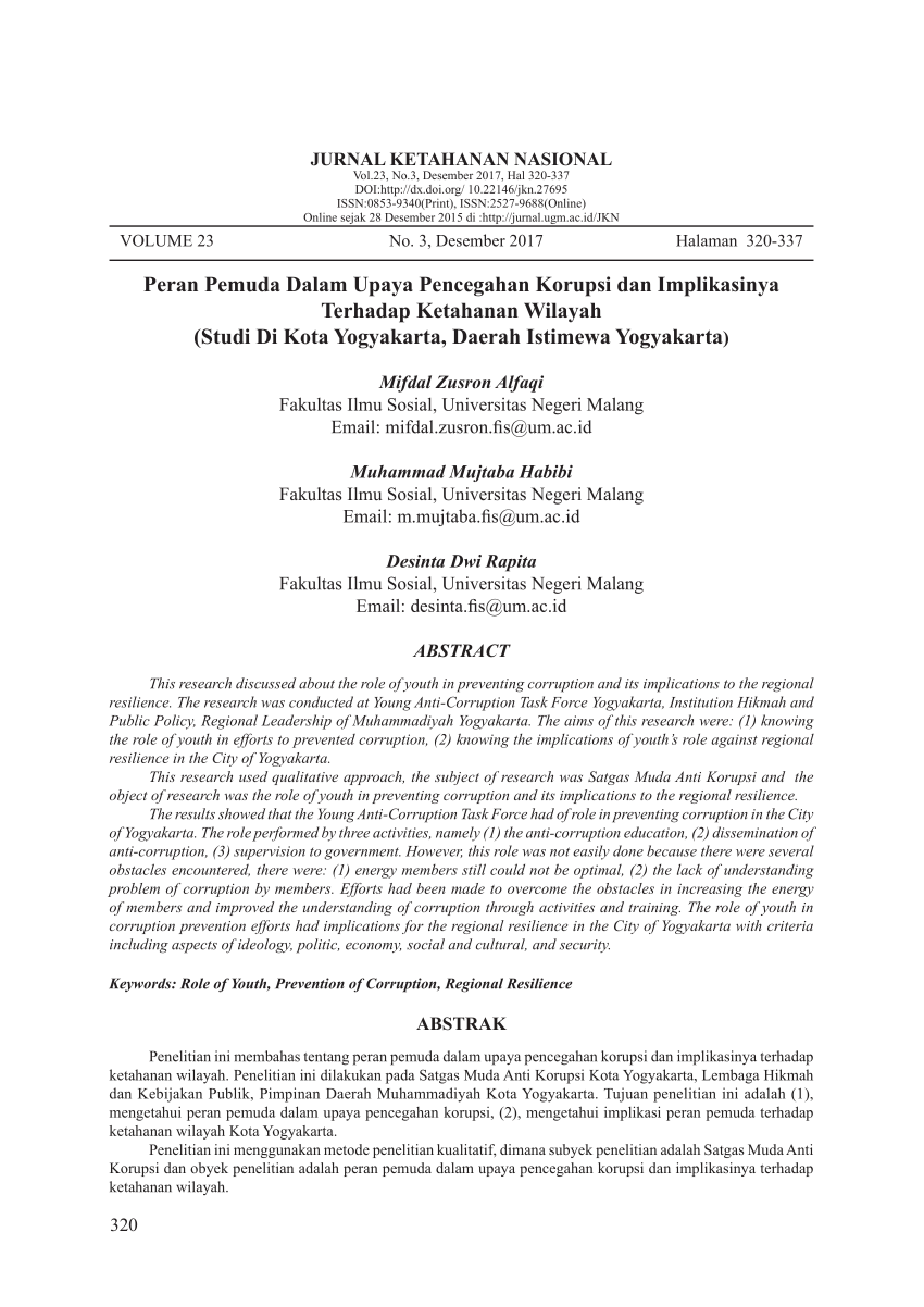 Pdf Peran Pemuda Dalam Upaya Pencegahan Korupsi Dan Implikasinya Terhadap Ketahanan Wilayah 2739
