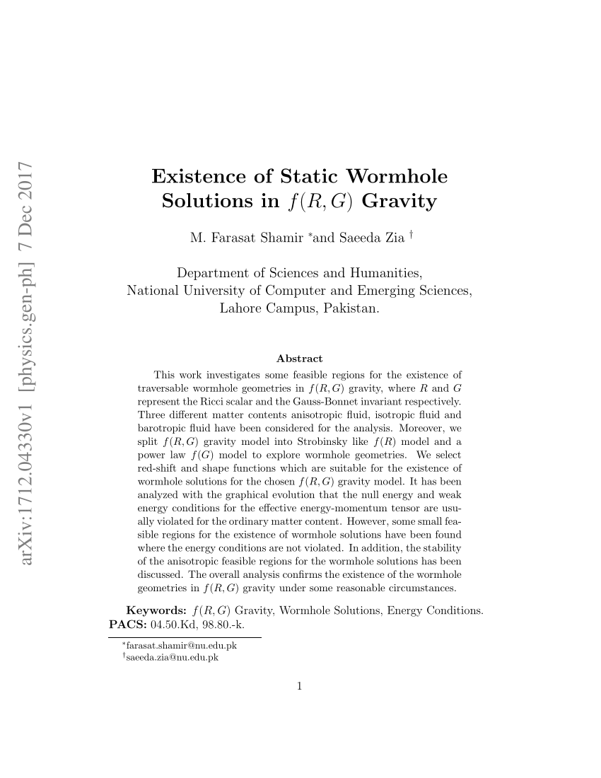 Pdf Existence Of Static Wormhole Solutions In F R G Gravity