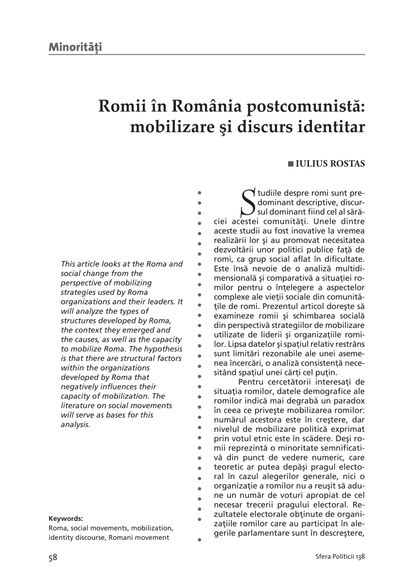 Pdf Romii In Romania Postcomunista Mobilizare Si Discurs Identitar