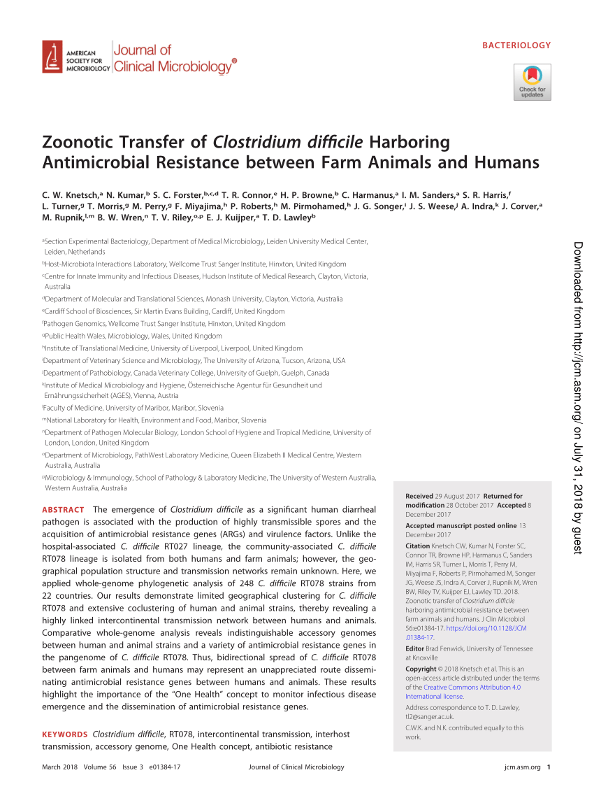 Pdf Zoonotic Transfer Of Clostridium Difficile Harboring Antimicrobial Resistance Between Farm Animals And Humans