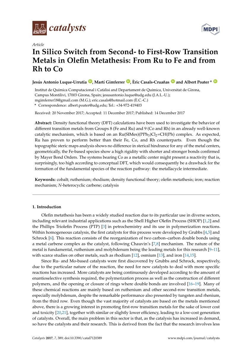Pdf In Silico Switch From Second To First Row Transition Metals In Olefin Metathesis From Ru To Fe And From Rh To Co