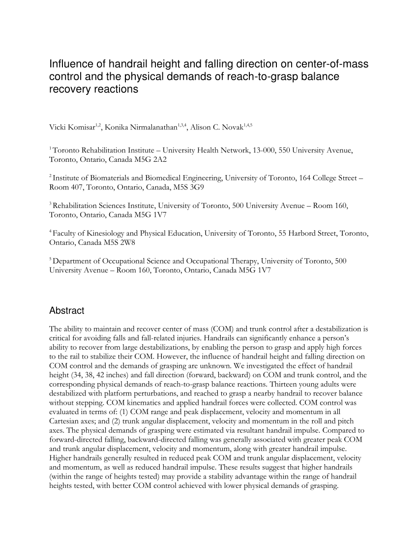 Pdf Influence Of Handrail Height And Fall Direction On Center Of Mass Control And The Physical Demands Of Reach To Grasp Balance Recovery Reactions