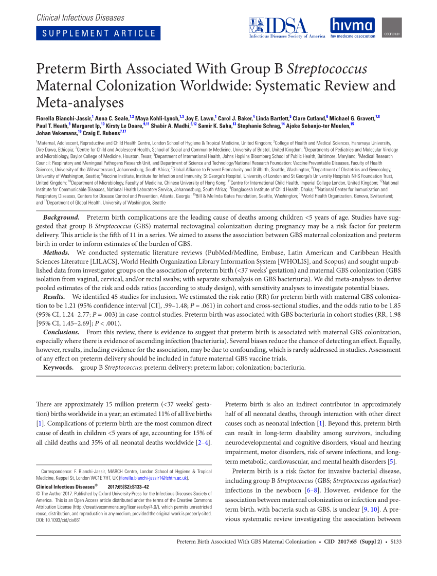 Pdf Preterm Birth Associated With Group B Streptococcus Maternal Colonization Worldwide Systematic Review And Meta Analyses