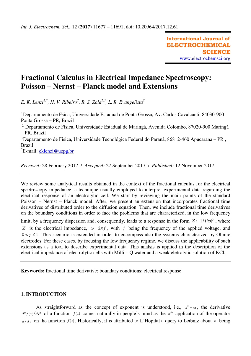Pdf Fractional Calculus In Electrical Impedance Spectroscopy Poisson Nernst Planck Model And Extensions