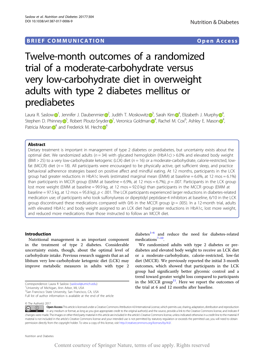 Pdf Twelve Month Outcomes Of A Randomized Trial Of A Moderate Carbohydrate Versus Very Low Carbohydrate Diet In Overweight Adults With Type 2 Diabetes Mellitus Or Prediabetes