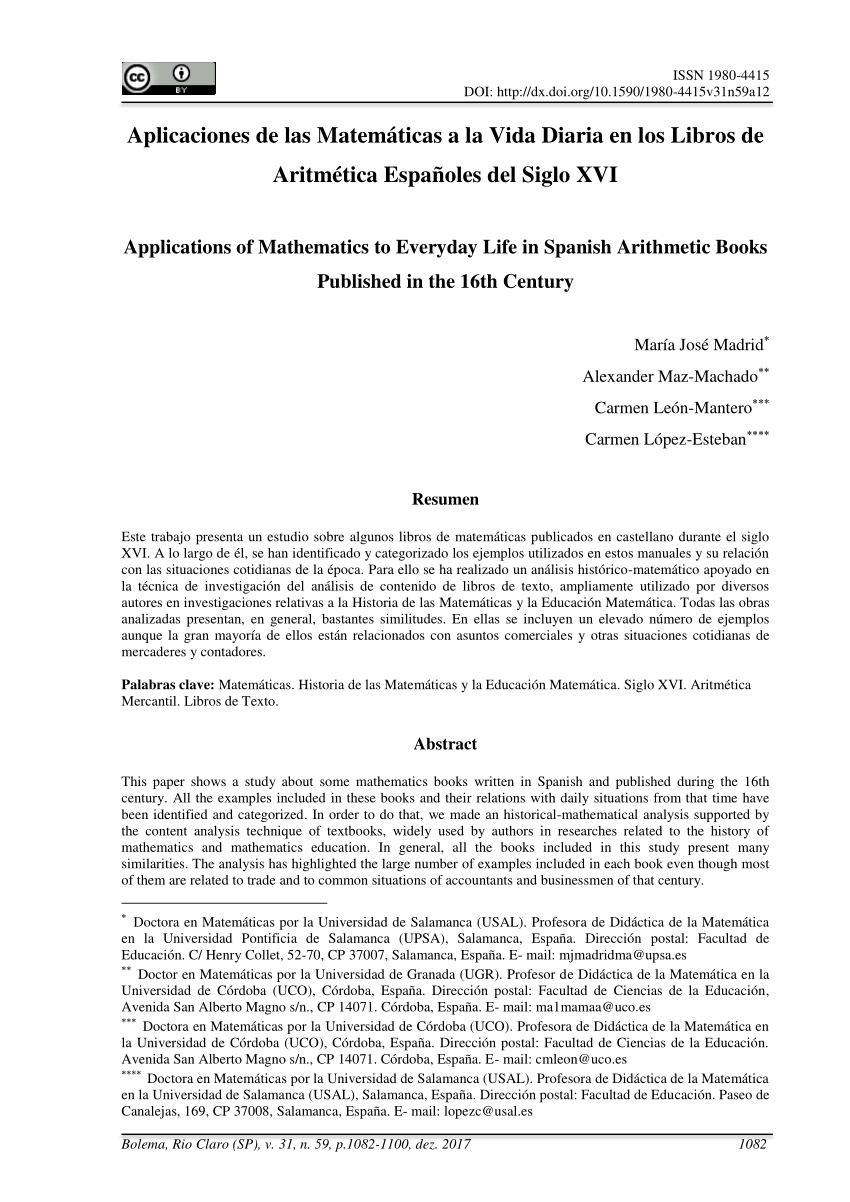 PDF) Aplicaciones de las Matemáticas a la Vida Diaria en los Libros de Aritmética Españoles Siglo