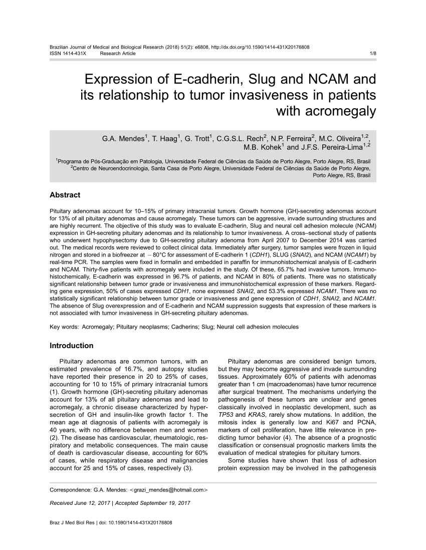 Pdf Expression Of E Cadherin Slug And Ncam And Its Relationship To Tumor Invasiveness In Patients With Acromegaly