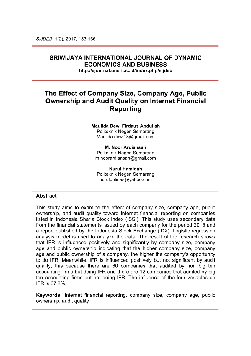 Pdf The Effect Of Company Size Company Age Public Ownership And Audit Quality On Internet Financial Reporting