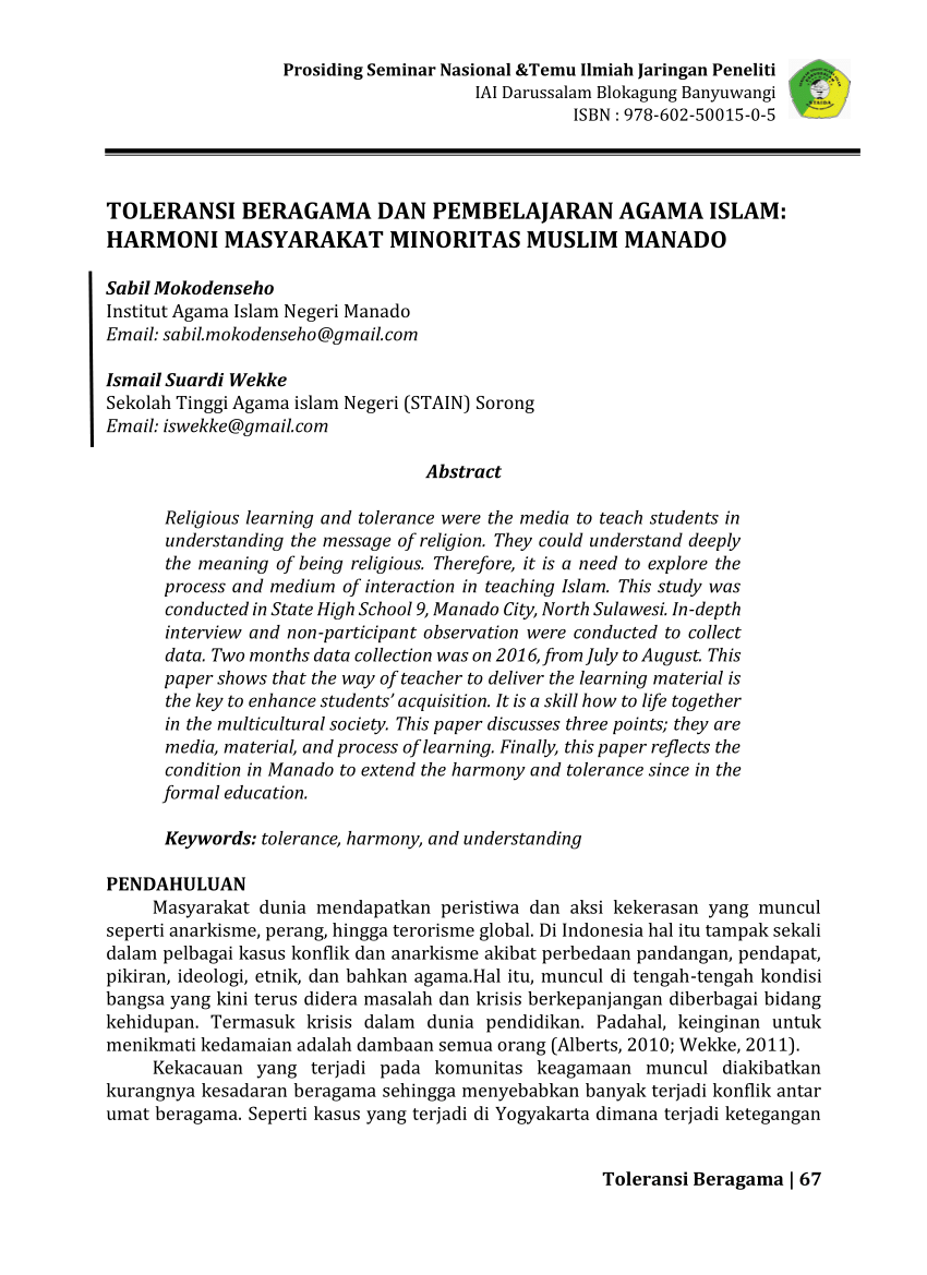 Pdf Toleransi Beragama Dan Pembelajaran Agama Islam Harmoni Masyarakat Minoritas Muslim Manado