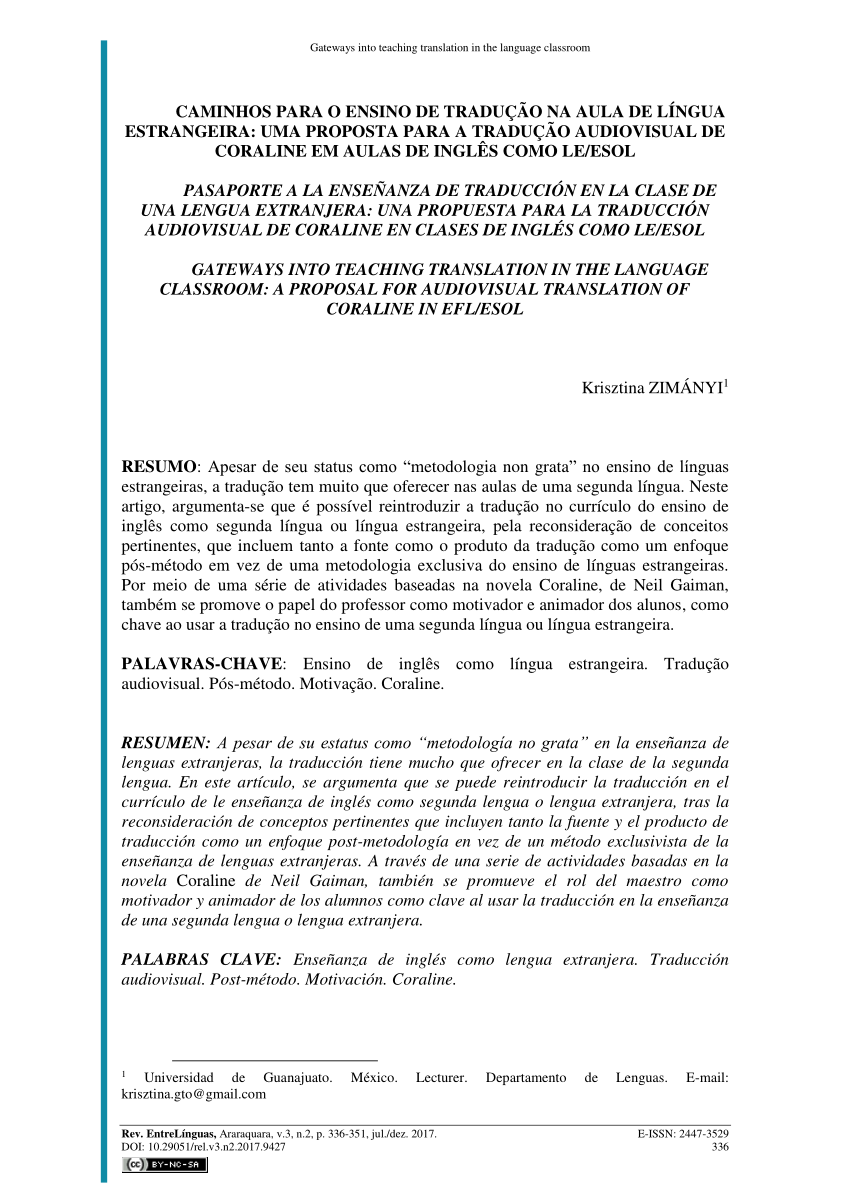 Pdf Gateways Into Teaching Translation In The Language Classroom A Proposal For Audiovisual Translation Of Coraline In Efl Esol