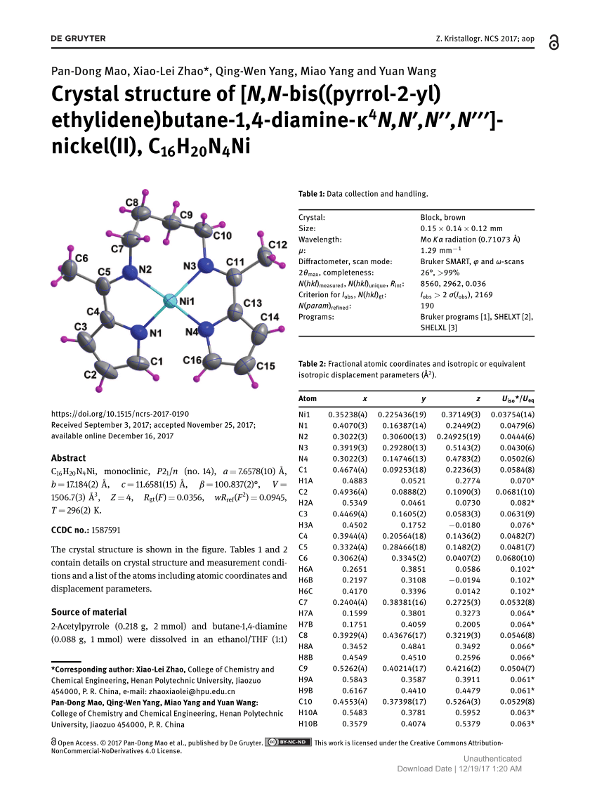 Pdf Crystal Structure Of N N Bis Pyrrol 2 Yl Ethylidene Butane 1 4 Diamine K4n N N N Nickel Ii C16hn4ni