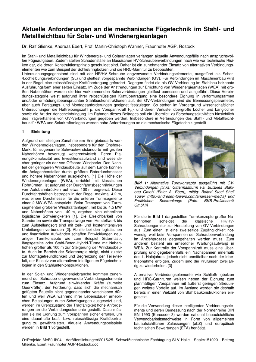 PDF) Aktuelle Anforderungen an die mechanische Fügetechnik im Stahl- und  Metallleichtbau für Solar- und Windenergieanlagen