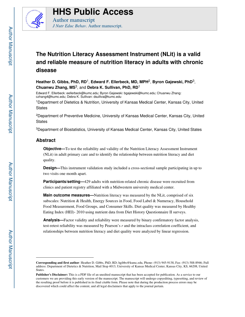 PDF The Nutrition Literacy Assessment Instrument is a Valid and  