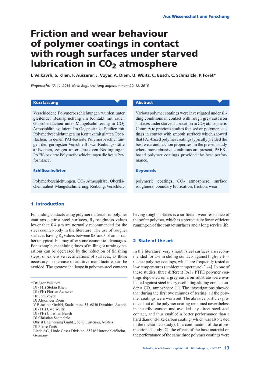 PDF) Friction and wear behaviour of polymer coatings in contact with rough  surfaces under starved lubrication in CO2 atmosphere