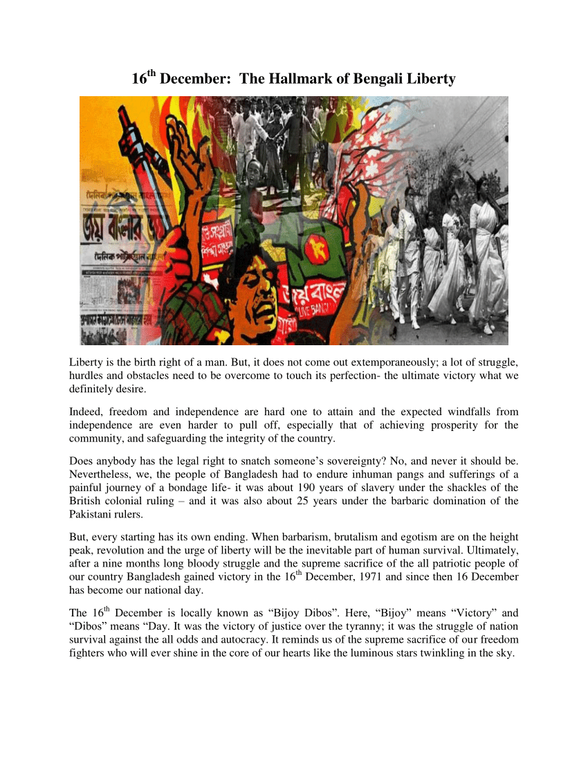 Pdf 16th December The Hallmark Of Bengali Liberty