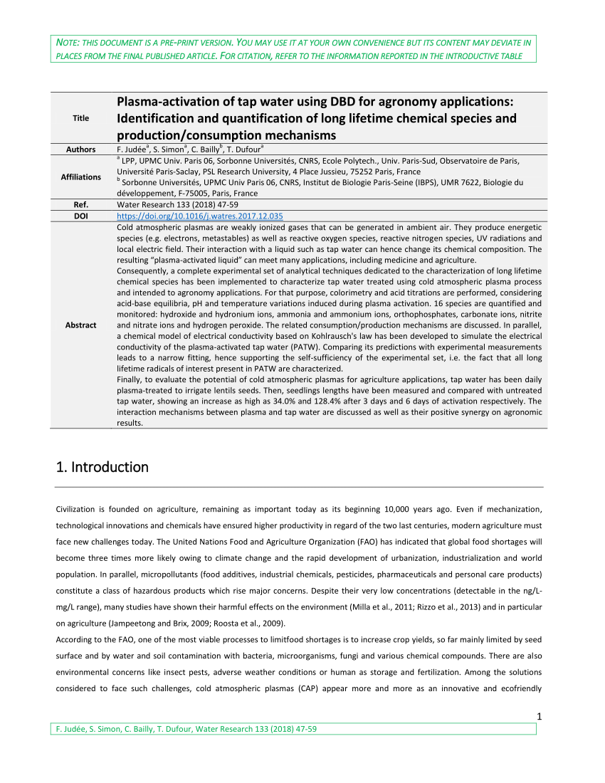 Pdf Plasma Activation Of Tap Water Using Dbd For Agronomy Applications Identification And Quantification Of Long Lifetime Chemical Species And Production Consumption Mechanisms