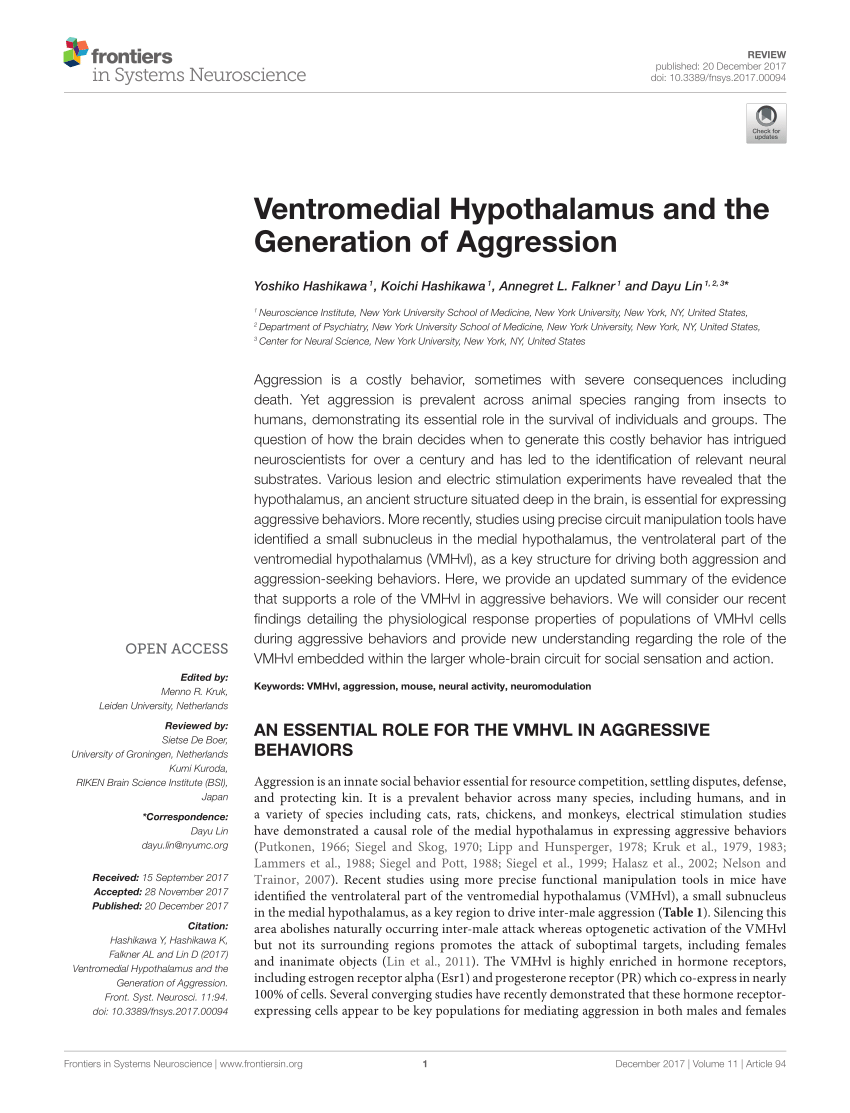 (PDF) Ventromedial Hypothalamus and the Generation of Aggression
