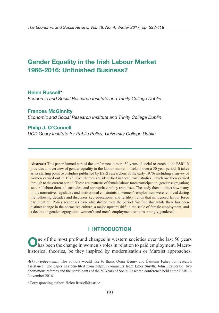 Pdf) Gender Equality In The Irish Labour Market 1966-2016: Unfinished  Business?