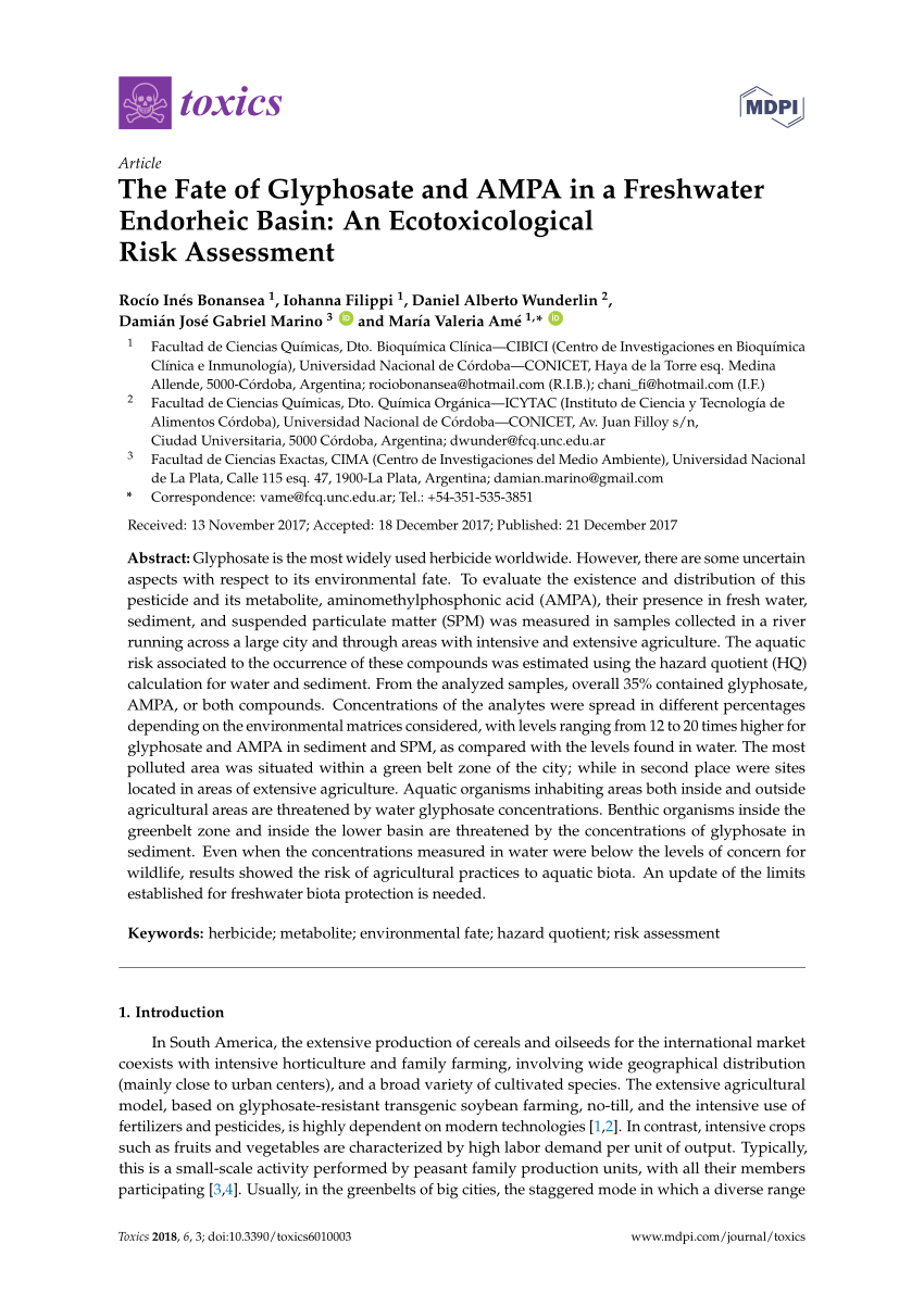 Pdf The Fate Of Glyphosate And Ampa In A Freshwater Endorheic Basin An Ecotoxicological Risk Assessment