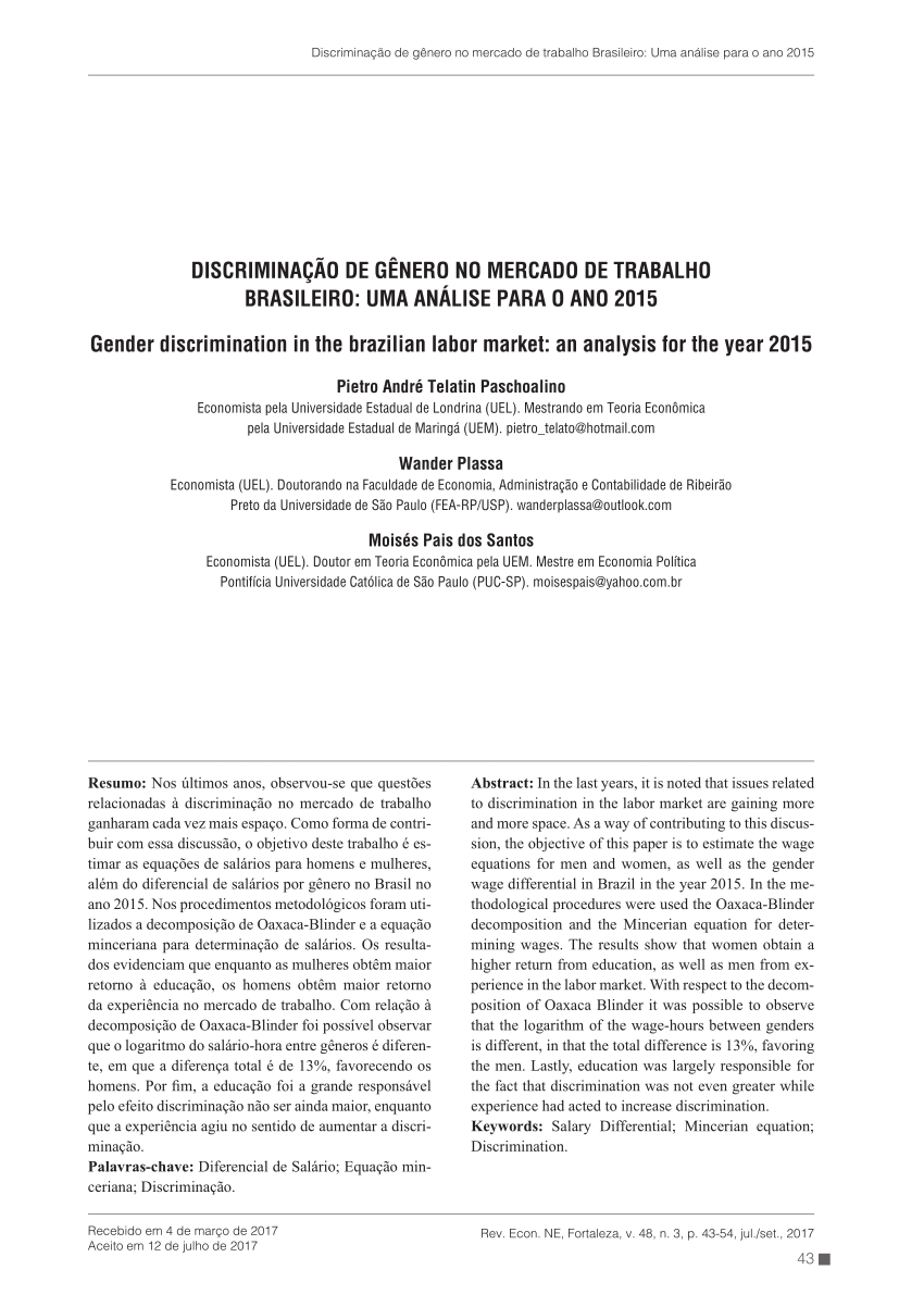 Pdf Discriminação De Gênero No Mercado De Trabalho Brasileiro Uma Análise Para O Ano 2015 2618