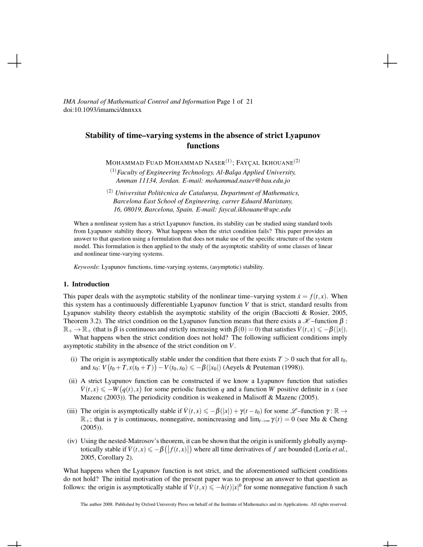 Pdf Stability Of Time Varying Systems In The Absence Of Strict Lyapunov Functions