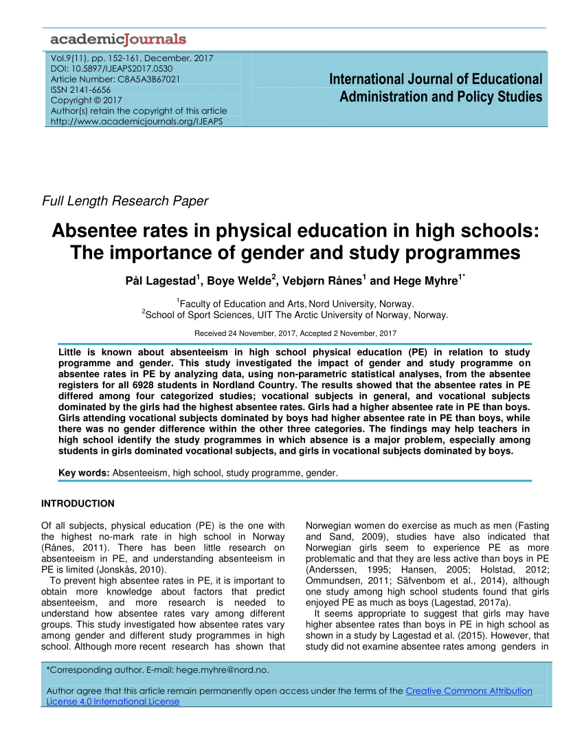 Pdf Absentee Rates In Physical Education In High Schools The