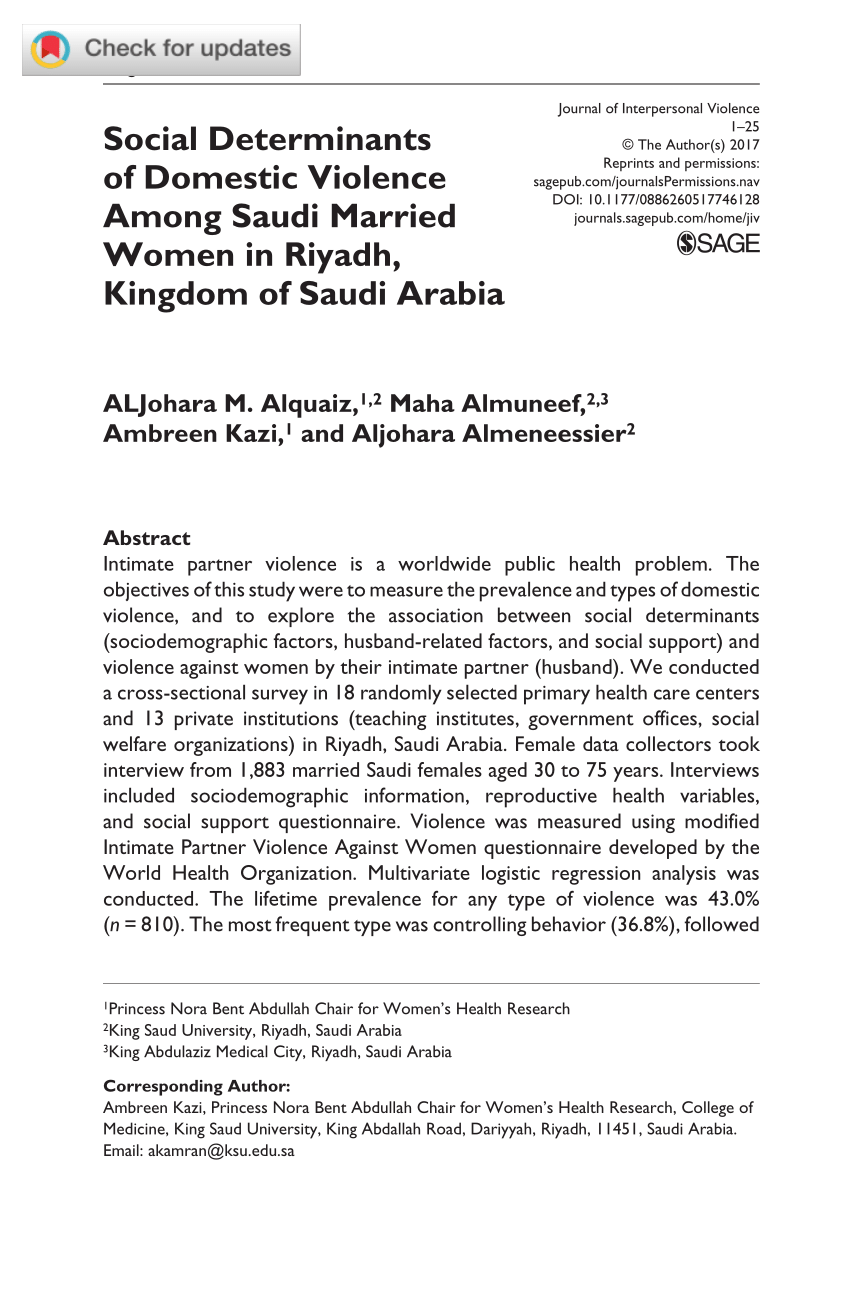 Pdf Social Determinants Of Domestic Violence Among Saudi Married Women In Riyadh Kingdom Of Saudi Arabia