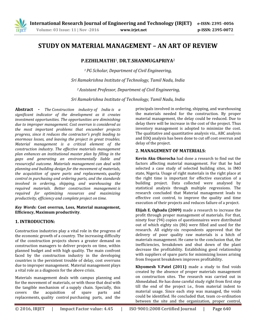 research proposal on material management