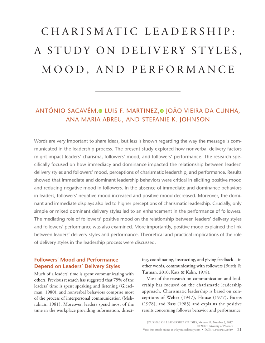 PDF Charismatic Leadership A Study on Delivery Styles, Mood, and ...