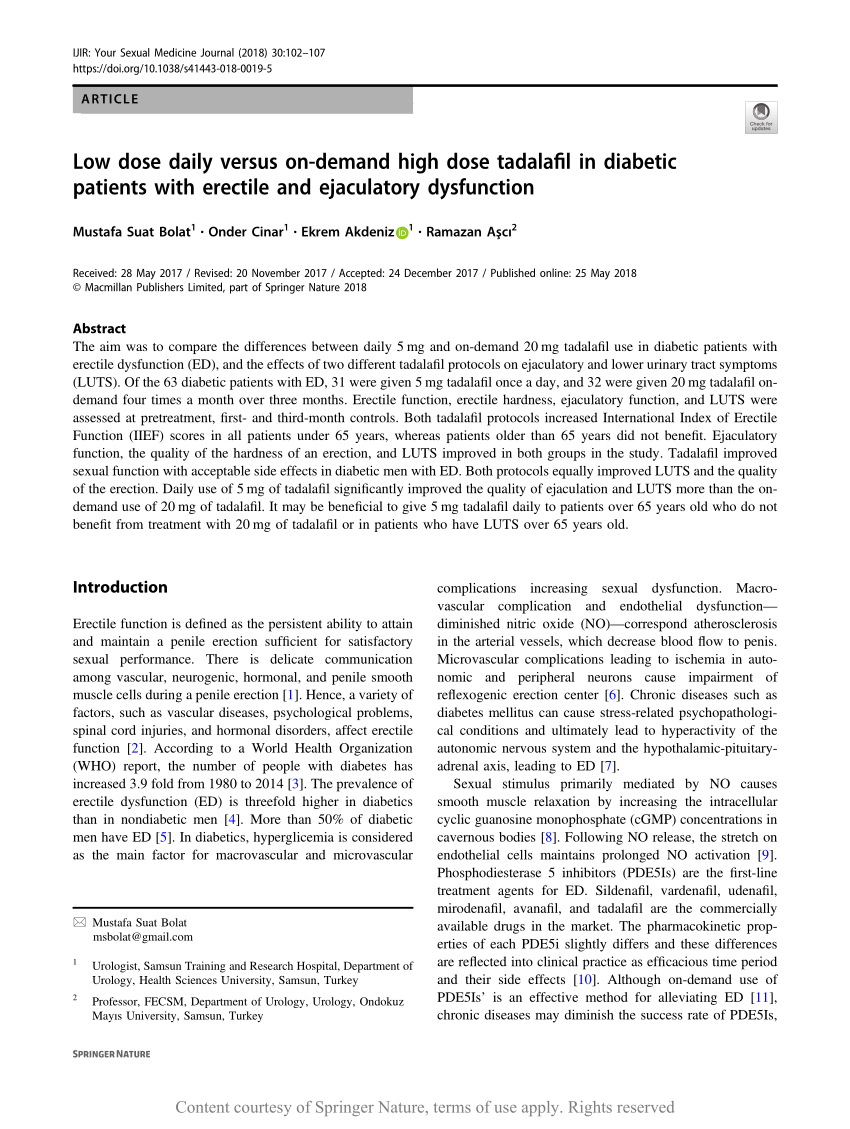 Low Dose Daily Versus On Demand High Dose Tadalafil In Diabetic Patients With Erectile Dysfunction Request Pdf