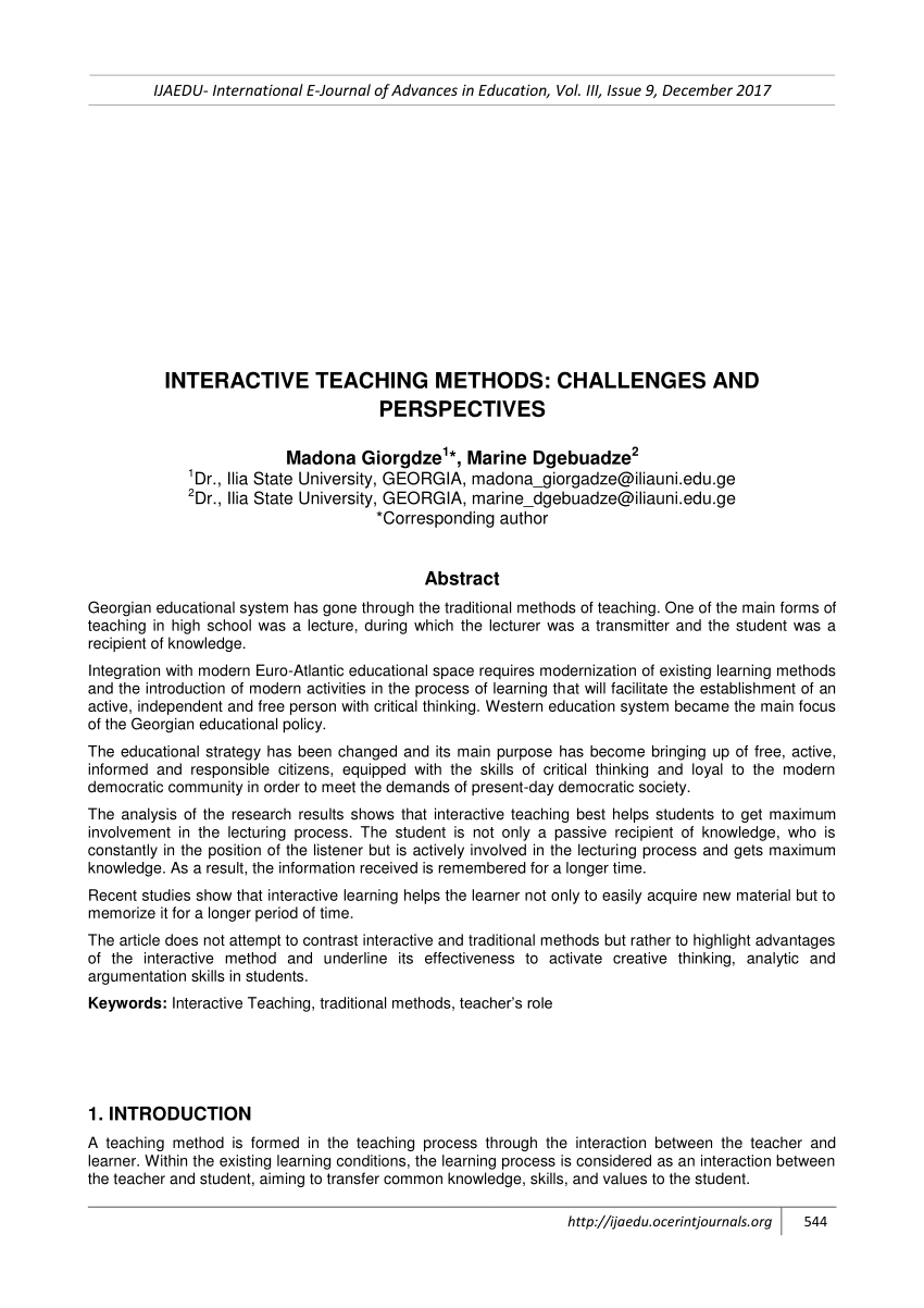 PDF) INTERACTIVE TEACHING METHODS: CHALLENGES AND PERSPECTIVES