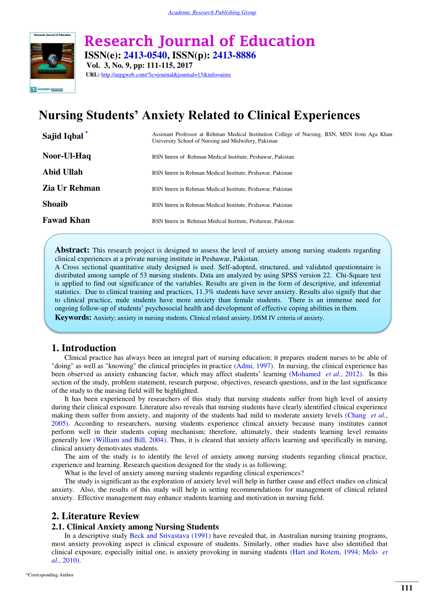 anxiety nursing research article