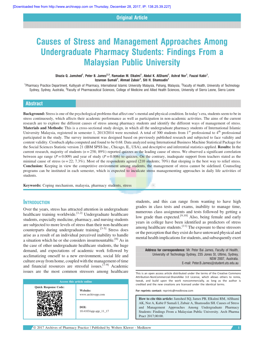 Pdf Causes Of Stress And Management Approaches Among Undergraduate Pharmacy Students Findings From A Malaysian Public University