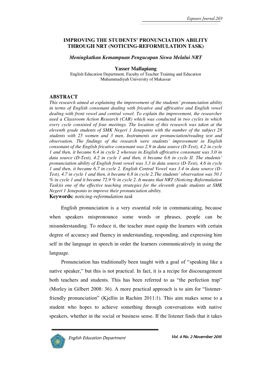 Pdf Improving The Students Pronunciation Ability Through Nrt Noticing Reformulation Task