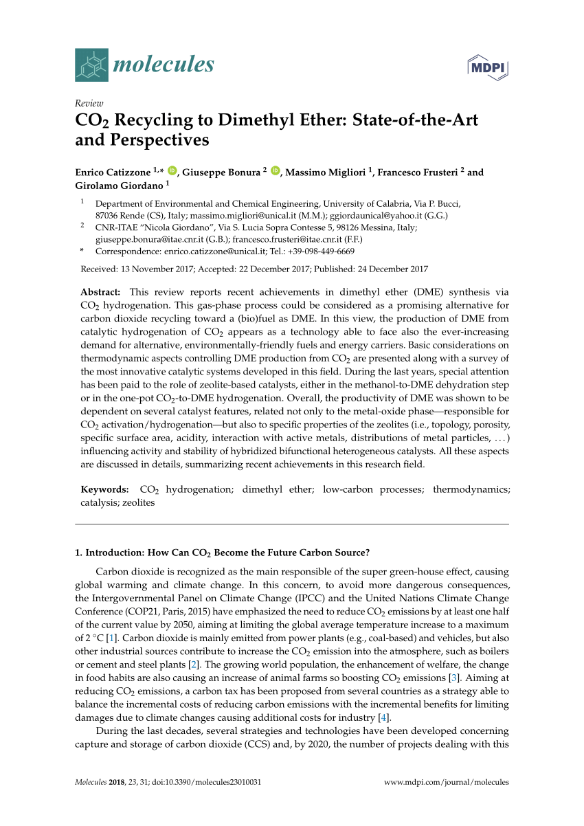 Pdf Co2 Recycling To Dimethyl Ether State Of The Art And Perspectives