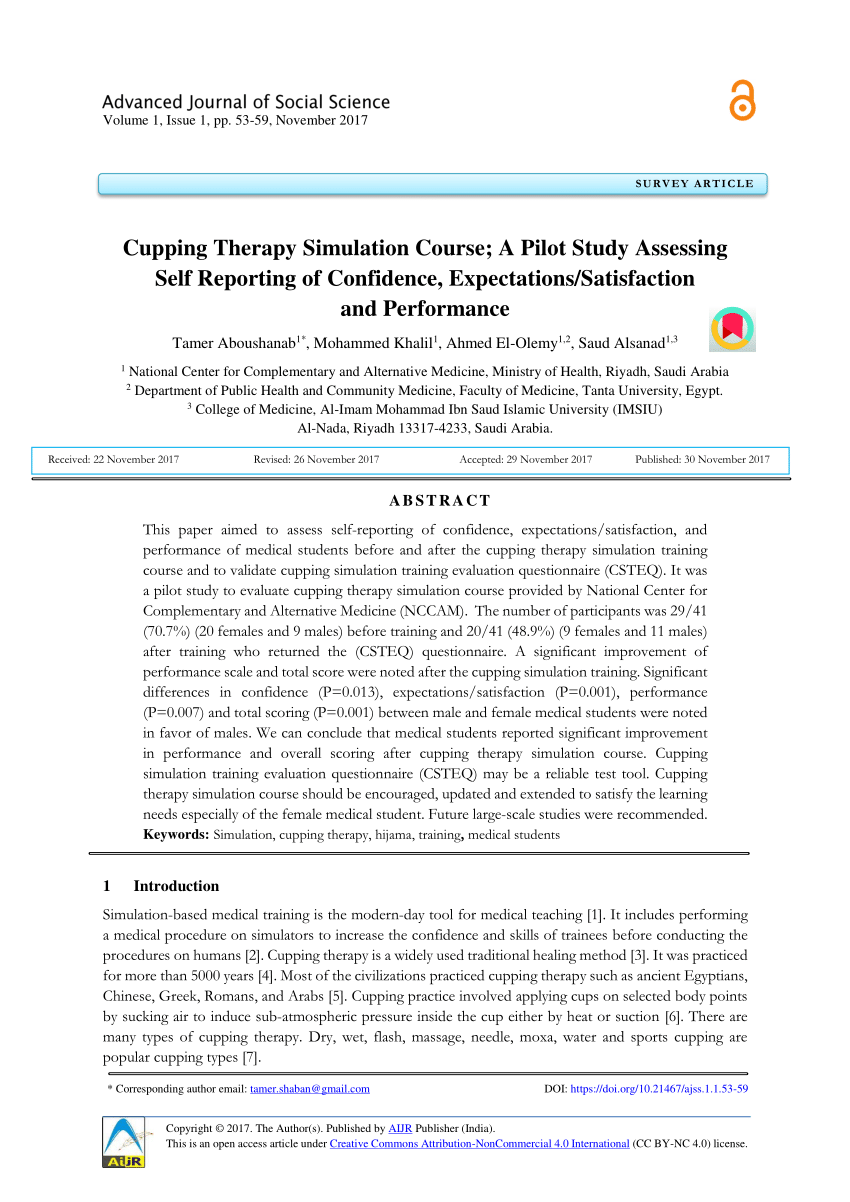 PDF) Cupping Therapy Simulation Course; A Pilot Study Assessing Self  Reporting of Confidence, Expectations/Satisfaction and Performance