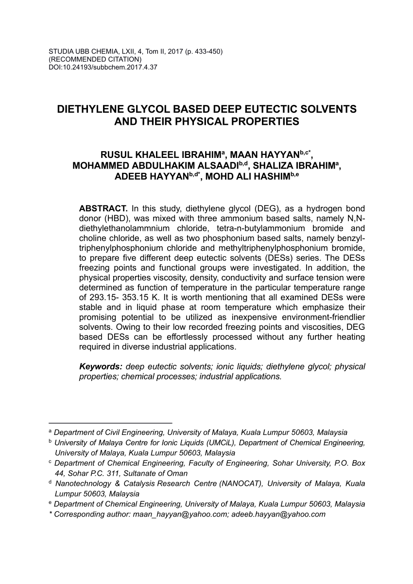 (PDF) Diethylene glycol based deep eutectic solvents and their physical ...