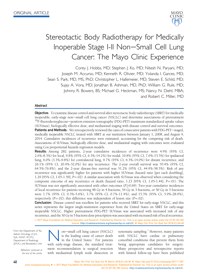 Pdf Stereotactic Body Radiotherapy For Medically Inoperable Stage I Ii Non Small Cell Lung Cancer The Mayo Clinic Experience