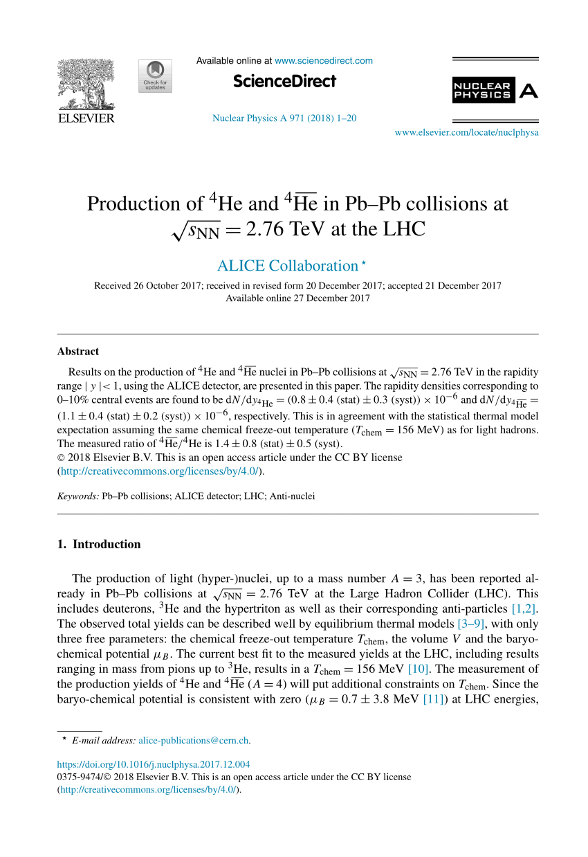 Pdf Production Of 4 He And He 4 In Pb Pb Collisions At S Nn 2 76 Tev At The Lhc