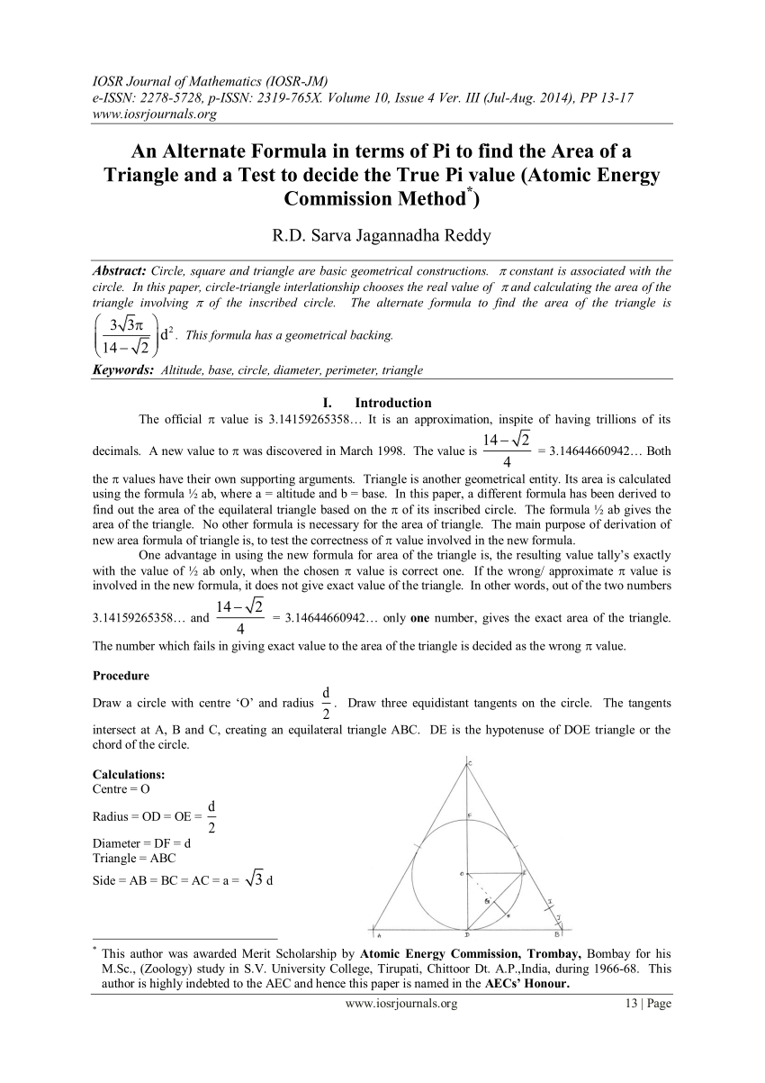 Pdf An Alternate Formula In Terms Of Pi To Find The Area Of A Triangle And A Test To Decide The True Pi Value Atomic Energy Commission Method