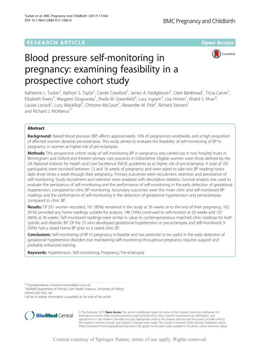 Pdf Blood Pressure Self Monitoring In Pregnancy Examining Feasibility In A Prospective Cohort Study