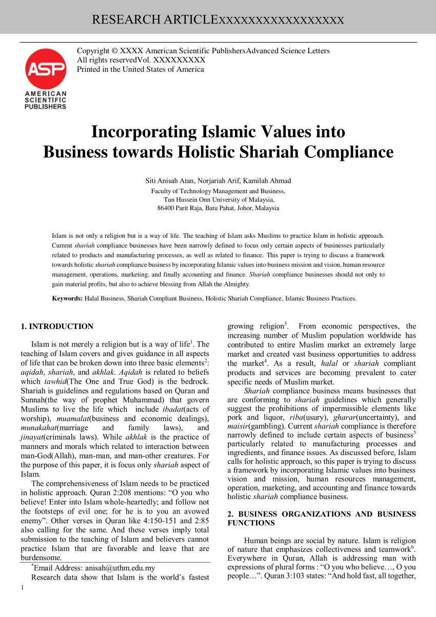 PDF) Incorporating Islamic Values into Business Towards Holistic 