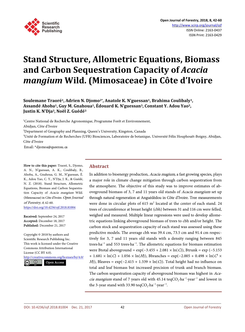 Pdf Stand Structure Allometric Equations Biomass And Carbon Sequestration Capacity Of Acacia Mangium Wild Mimosaceae In Cote D Ivoire