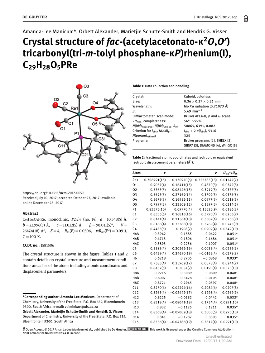 Pdf Crystal Structure Of Fac Acetylacetonato K2o O Tricarbonyl Tri M Tolyl Phosphane Kp Rhenium I C29h28o5pre