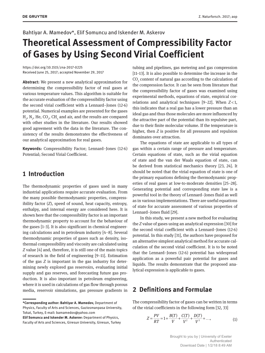 PDF) Theoretical Assessment of Compressibility Factor of Gases by Using  Second Virial Coefficient