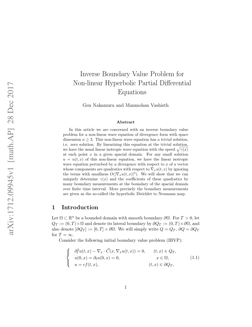 Pdf Inverse Boundary Value Problem For Non Linear Hyperbolic Partial Differential Equations