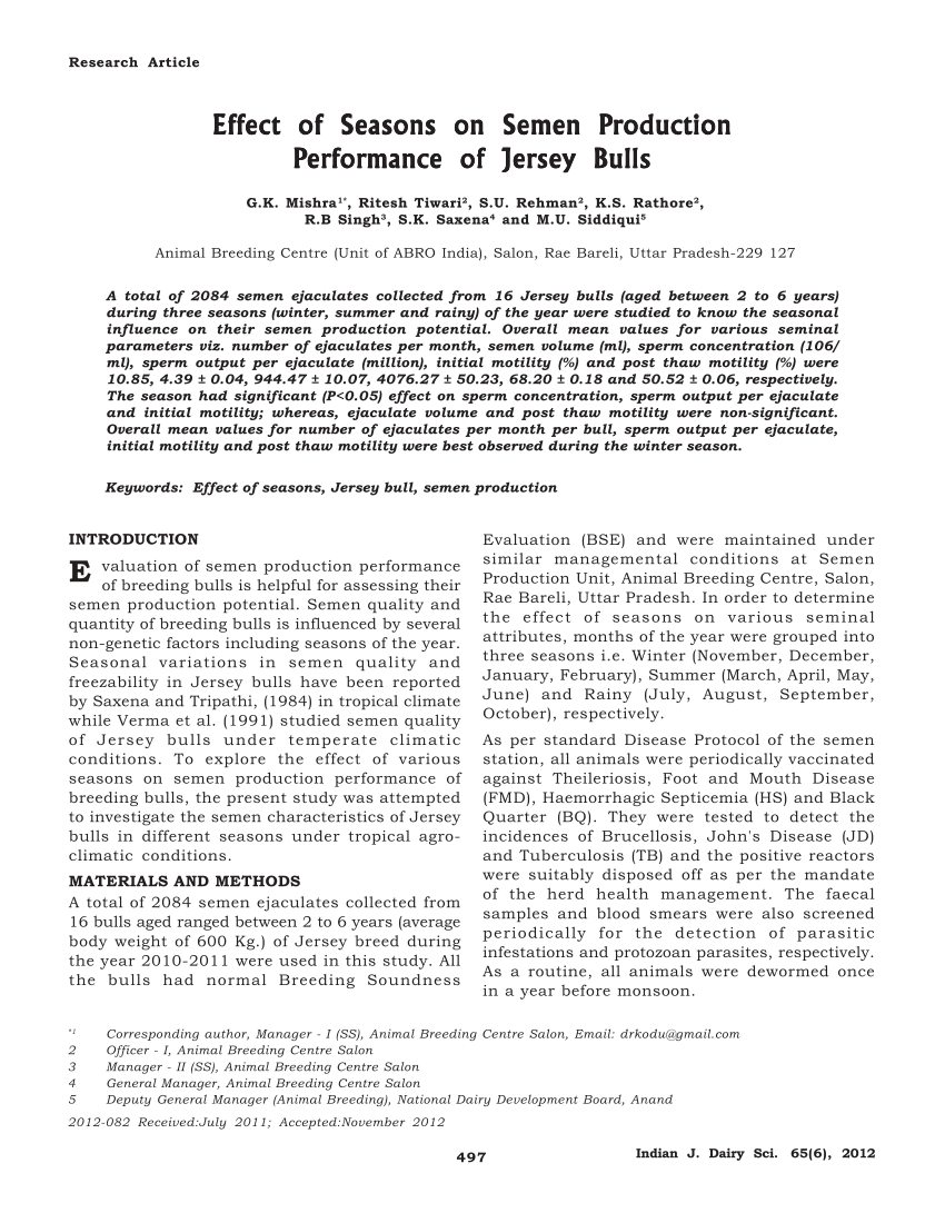 PDF) Effect of seasons on semen production behavior of Jersey bulls