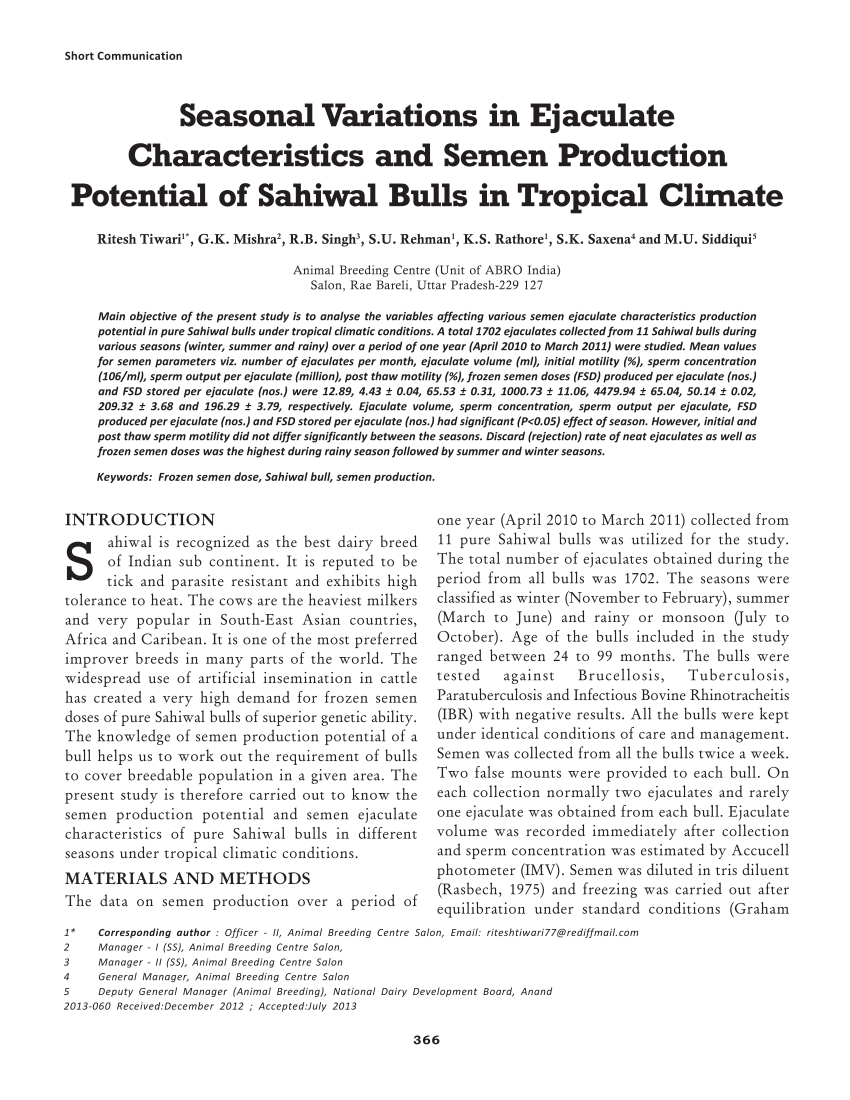 PDF) Seasonal variations in ejaculate characteristics and semen production  potential of Sahiwal bulls in tropical climate.