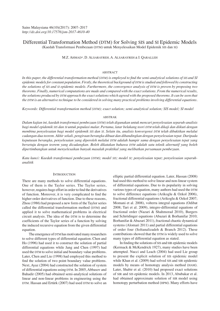 Pdf Differential Transformation Method Dtm For Solving Sis And Si Epidemic Models